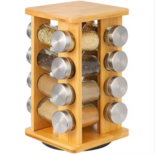 طقم توابل خشبي دوّار – 16 علبة زجاجية